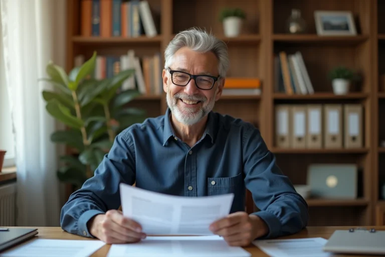 Un homme de 58 ans consulte ses documents de retraite dans un bureau à domicile chaleureux, illustrant la préparation à la retraite à 60 ans