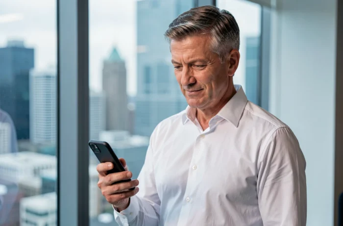 Homme professionnel lisant un email sur son smartphone près d'une fenêtre avec vue sur la ville