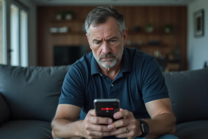 Homme consultant son smartphone avec un message d'erreur sur une application de petites annonces en panne