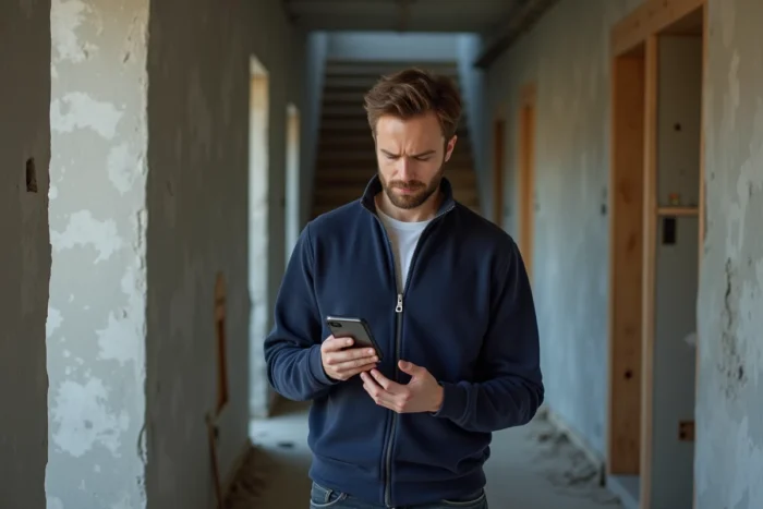 Homme consultant un portail d'habitat participatif sur smartphone dans un immeuble en rénovation