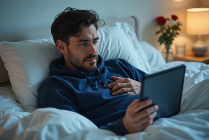 Homme consultant un site de streaming gratuit sur tablette allongé dans sa chambre