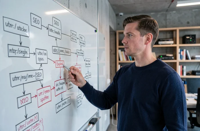Un homme debout devant un tableau blanc explique une hiérarchie de sitemap SEO avec des diagrammes de structure d'URL dans un bureau moderne