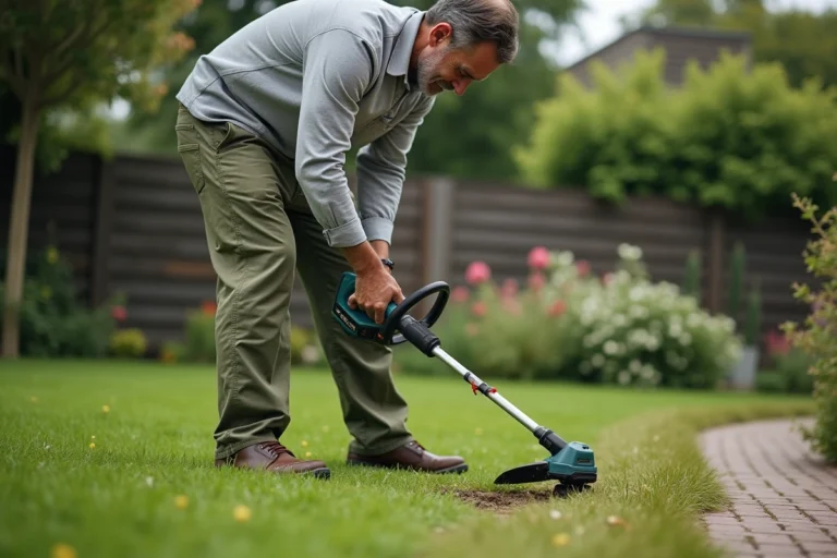 Homme utilisant un taille-bordure électrique sans fil pour délimiter les bords d'une pelouse bien entretenue dans un jardin suburban