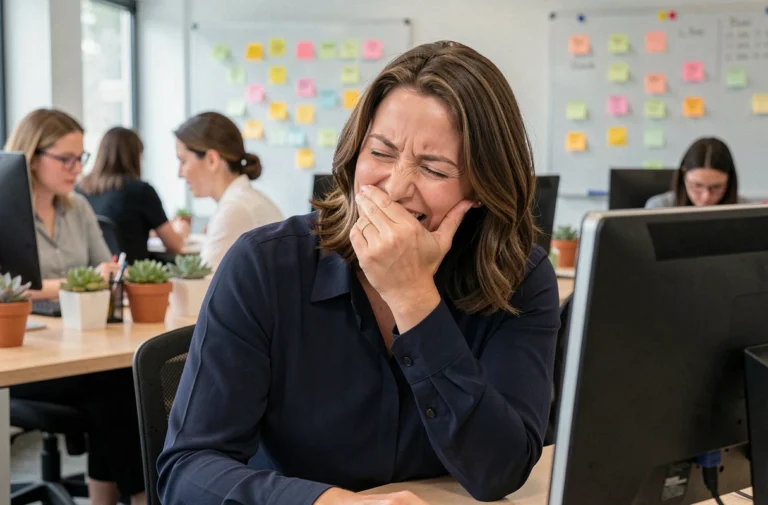 Femme en open space de bureau riant discrètement devant son écran, illustrant l'humour au travail