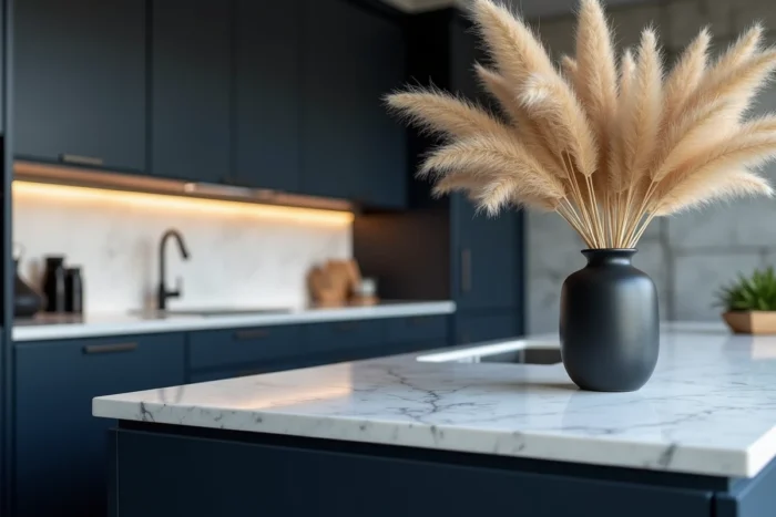 Détail d'un îlot de cuisine bleu marine avec plan de travail en marbre Calacatta et vase en céramique noire, décoration tendance 2025