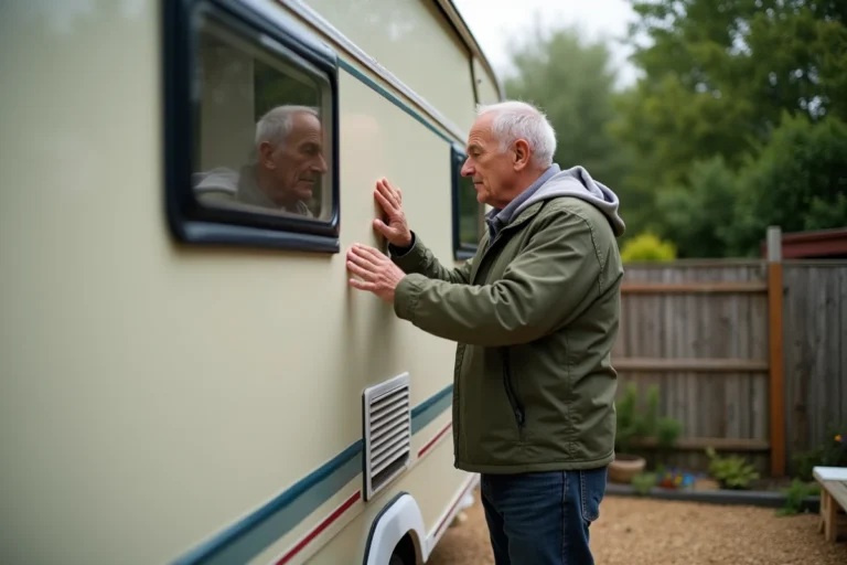 Homme inspectant une caravane d'occasion garée dans une allée lors d'un achat entre particuliers