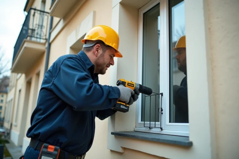 Technicien installant un grillage de protection métallique sur une fenêtre de façade en copropriété urbaine