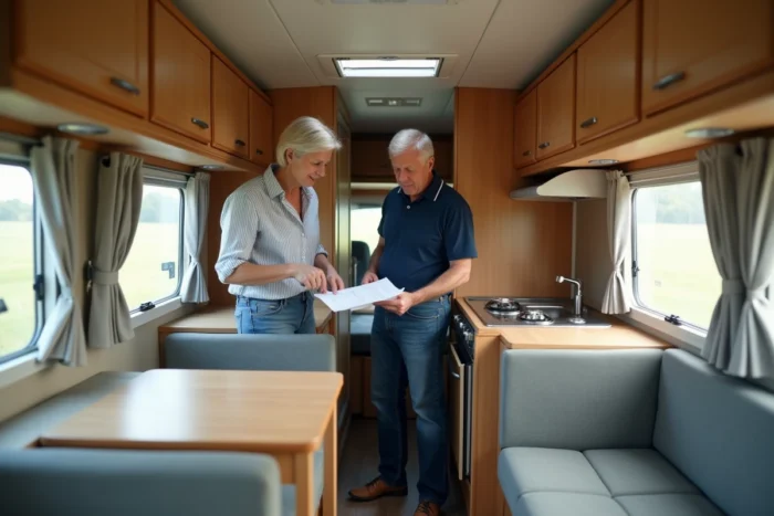 Couple évaluant l'intérieur d'une caravane d'occasion à vendre entre particuliers