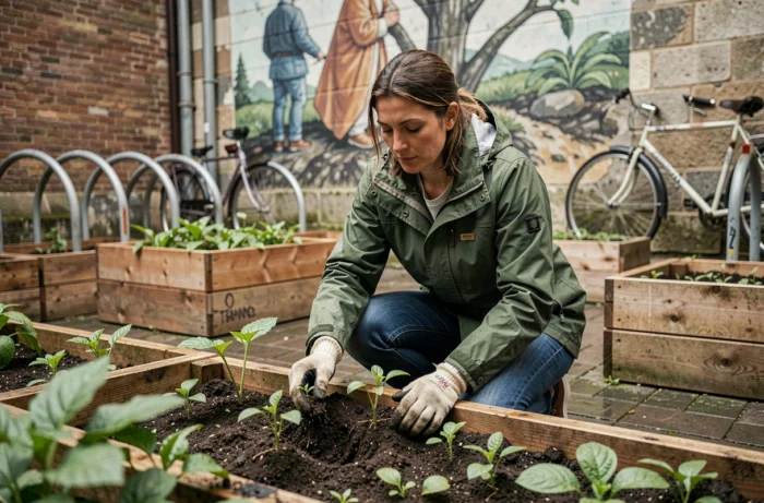 Femme bénévole entretenant un jardin partagé dans une cour urbaine à Rennes