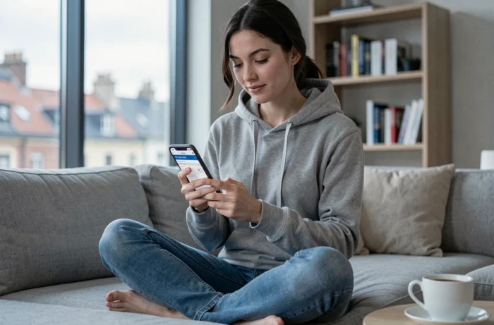 Jeune femme utilisant une application administrative sur smartphone pour rechercher des informations sur les résidents d'une rue
