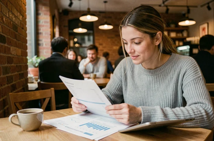 Jeune femme choisissant sa banque en ligne avec des documents et une tablette dans un café urbain