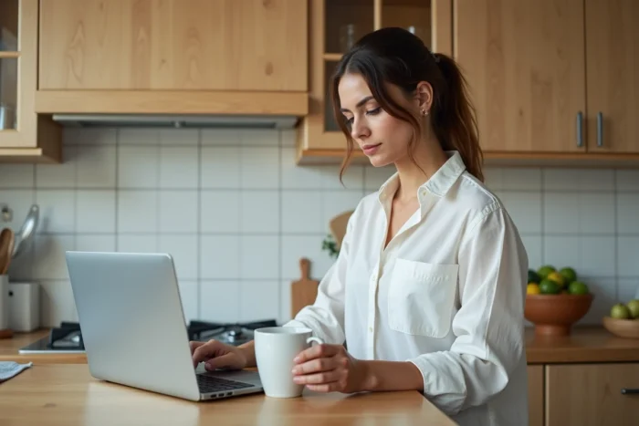 Jeune femme dans une cuisine cherchant des solutions face à une panne d'un site de petites annonces en ligne