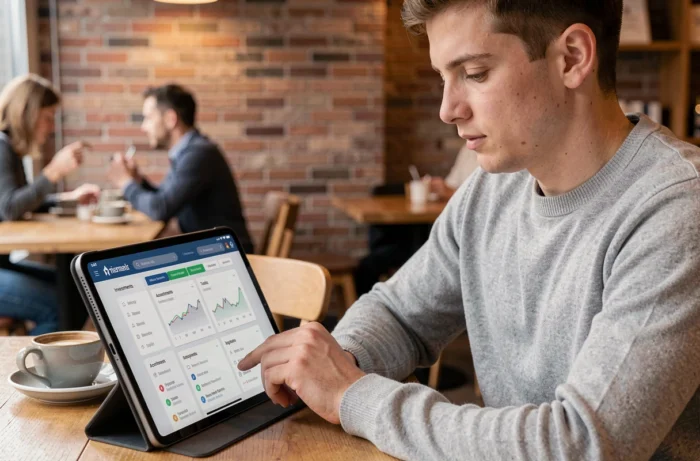 Jeune professionnel consultant un plan de site financier sur tablette dans un café moderne