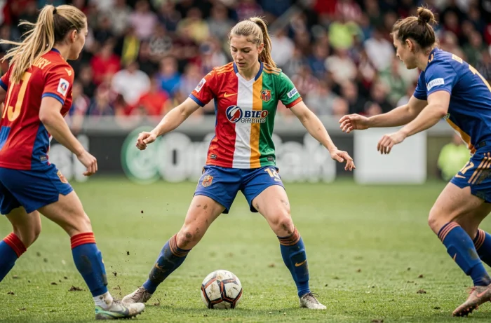 Joueuse de football professionnelle en action lors d'un match de compétition en 2024 avec un stade plein en arrière-plan