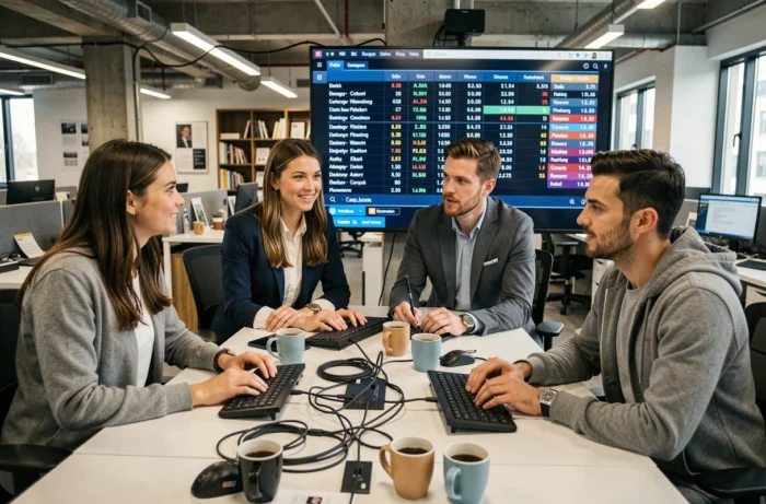 Équipe de journalistes sportifs analysant les tendances et actualités du sport 2024 dans une salle de rédaction moderne