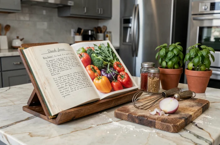 Livre de recettes ouvert sur un plan de travail en marbre entouré de légumes colorés, épices et ustensiles de cuisine vintage