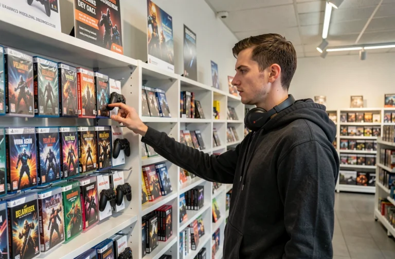 Jeune homme parcourant les jeux vidéo dans un magasin spécialisé en Belgique