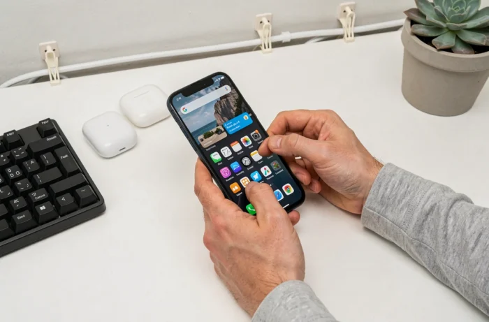 Gros plan sur des mains naviguant sur un écran Android avec des accessoires tech sur un bureau minimaliste