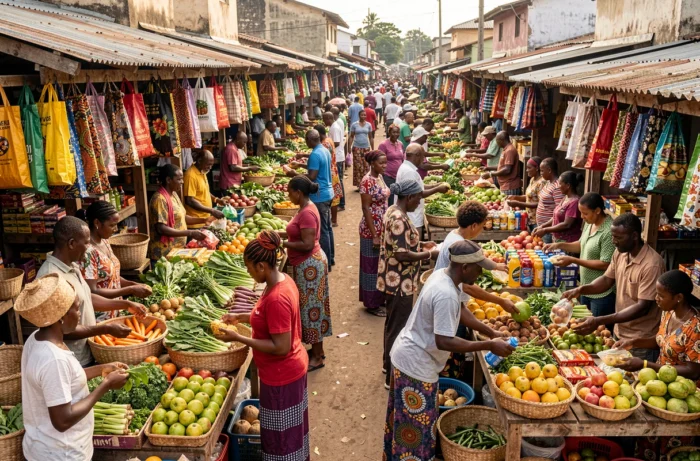 Marché animé en plein air à Abidjan avec vendeurs et acheteurs échangeant des produits locaux