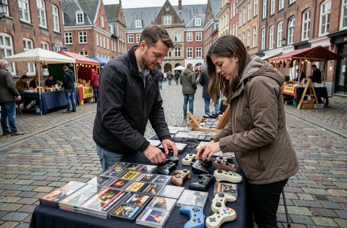 Deux adultes cherchant des jeux vidéo rétro sur un marché en plein air en Belgique
