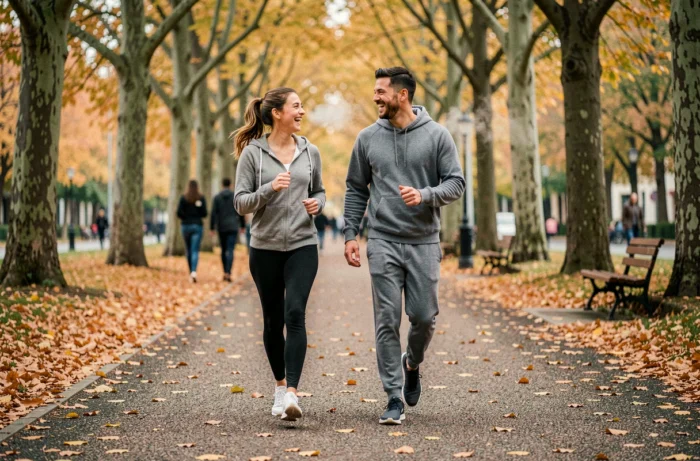 Deux amis marchant dans un parc en automne pour améliorer leur santé physique et mentale au quotidien