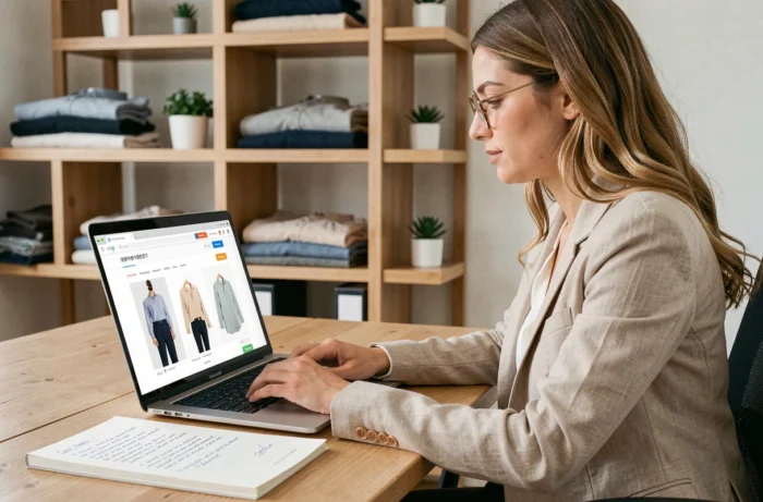 Femme entrepreneur consultant les mentions légales de son site de vente de vêtements en ligne sur un ordinateur portable