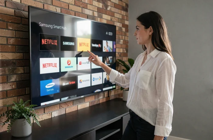 Femme naviguant dans le menu Smart Hub d'une télévision Samsung pour installer l'application Netflix