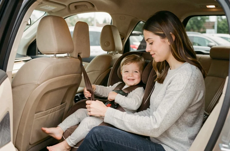Mère attachant son jeune enfant dans un siège auto homologué à l'intérieur d'un SUV familial, illustrant les bonnes pratiques de sécurité routière pour bébé