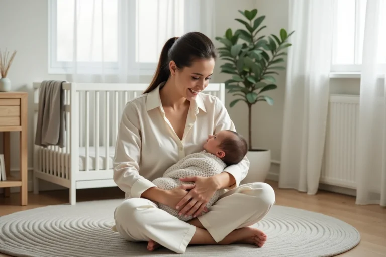Jeune mère tenant son nouveau-né dans ses bras dans une chambre de bébé minimaliste et apaisante