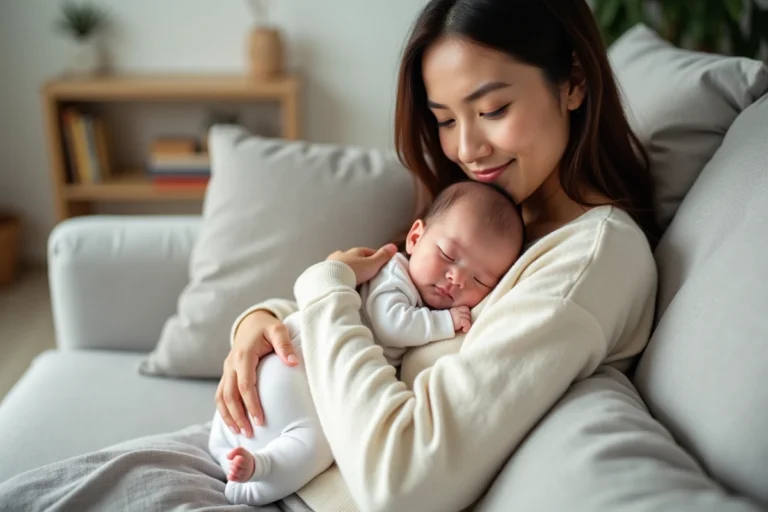 Jeune mère tenant tendrement son nouveau-né contre elle dans un salon minimaliste et chaleureux