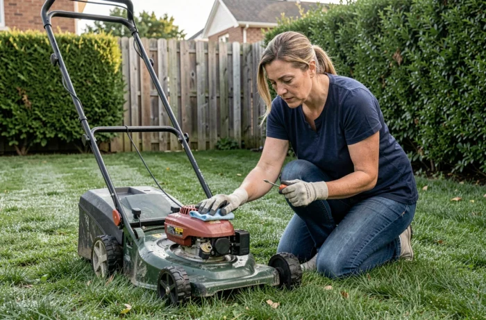Femme inspectant et nettoyant la lame d'une tondeuse électrique à gazon dans un jardin suburban