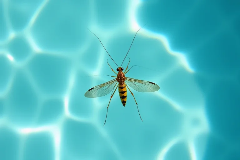 Notonecte vue de près sous la surface d'une piscine aux carreaux turquoise, insecte aquatique en gros plan