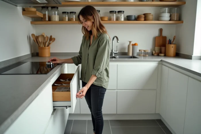 Femme organisant un tiroir de cuisine Ikea avec des accessoires de rangement en bambou