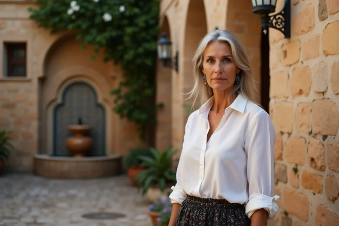 Femme d'héritage algérien debout dans une cour méditerranéenne traditionnelle avec fontaine mosaïque et lanterne en fer forgé, symbolisant les origines culturelles et religieuses de la famille Laoui