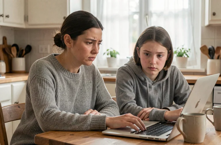 Mère et adolescente regardant ensemble un écran d'ordinateur portable pour gérer le contrôle parental sur les réseaux sociaux