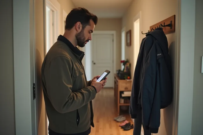Père consultant l'application Family Wall sur son smartphone avant de quitter la maison