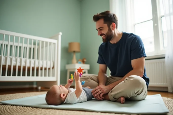 Père jouant avec son bébé de six mois sur un tapis d'éveil dans une chambre de bébé apaisante