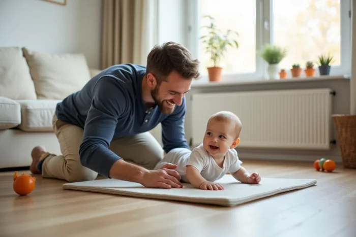 Père jouant avec son bébé de six mois sur un tapis d'éveil dans un salon scandinave