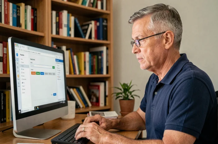 Père configurant les paramètres de contrôle parental sur un ordinateur de bureau pour protéger ses enfants sur internet