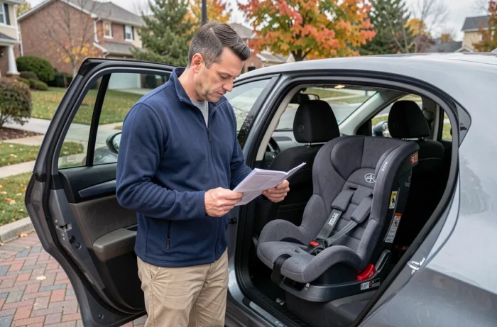 Père lisant le manuel d'installation d'un siège auto ISOFIX dans une allée résidentielle, montrant l'importance de suivre les consignes de montage pour la sécurité de l'enfant