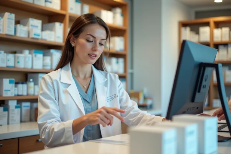 Pharmacienne expliquant le code CIP sur une boîte de médicament à un client au comptoir d'une pharmacie