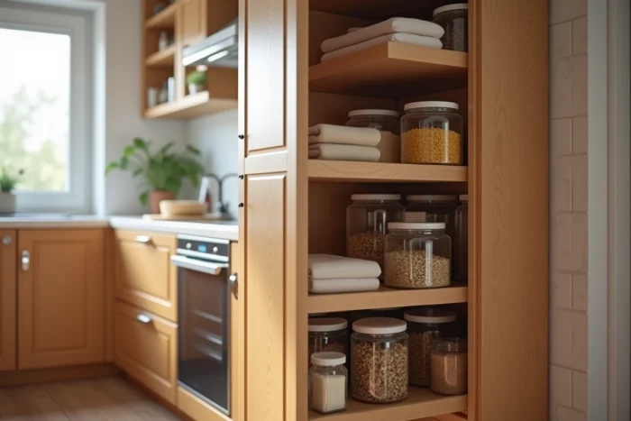 Intérieur d'un grand placard pantry Ikea avec rangements optimisés dans une petite cuisine