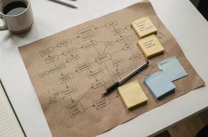 Vue de dessus d'un plan de sitemap dessiné à la main sur papier kraft avec des notes autocollantes colorées représentant la structure d'un blog