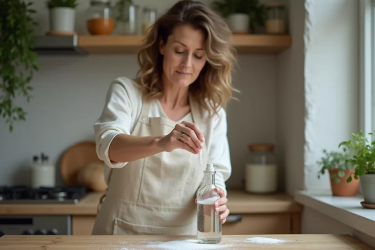 Femme préparant une solution de bicarbonate de soude dans un vaporisateur pour traiter ses plantes d'intérieur