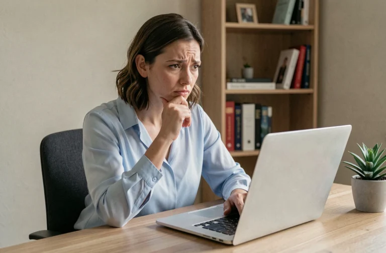 Femme devant un ordinateur portable rencontrant un problème de connexion à sa messagerie académique ac-nantes
