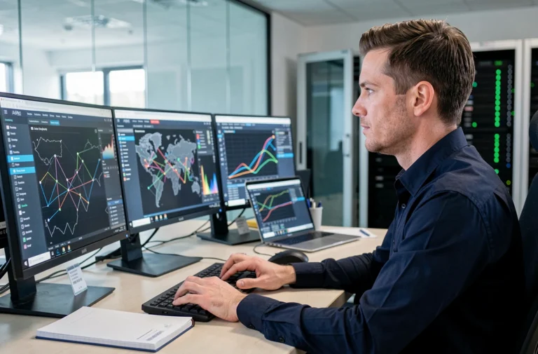 Professionnel en cybersécurité analysant des tableaux de bord réseau sur plusieurs écrans dans un bureau moderne