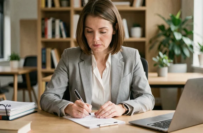 Professionnelle annotant un devis commercial avec les mentions obligatoires dans un bureau moderne