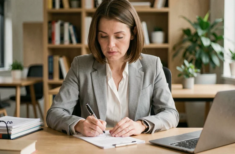 Professionnelle annotant un devis commercial avec les mentions obligatoires dans un bureau moderne