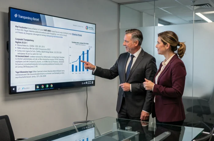 Deux professionnels discutant des mentions légales et de la transparence d'entreprise devant un écran interactif en salle de réunion
