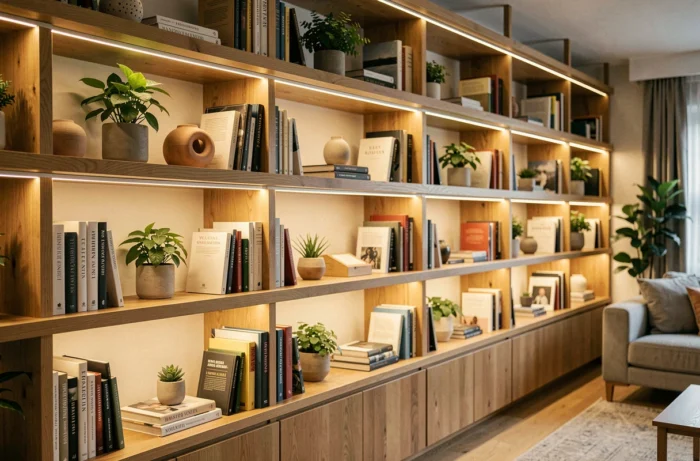 Profilé LED en aluminium intégré sous chaque tablette d'une étagère ouverte en bois dans un salon
